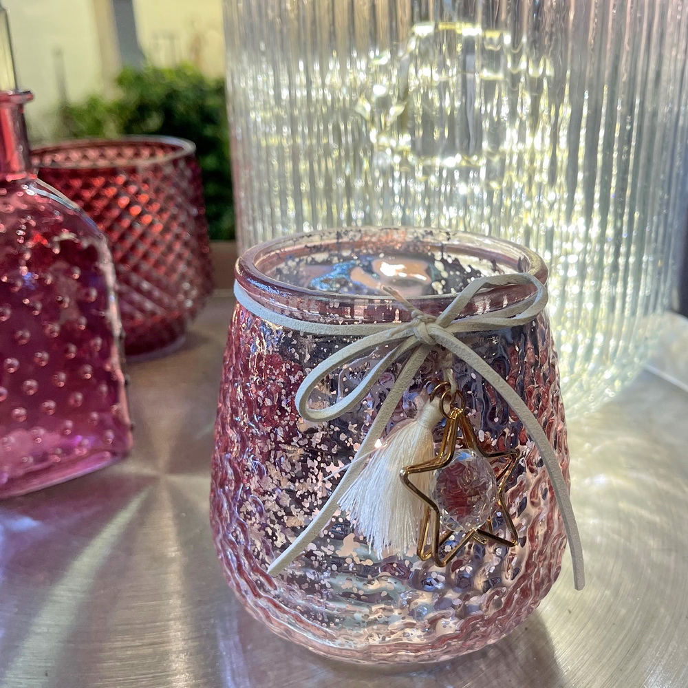 Windlicht rosa mit Stern & Quaste ca. 10 cm Glas / Keramik / Metall | Windlichter