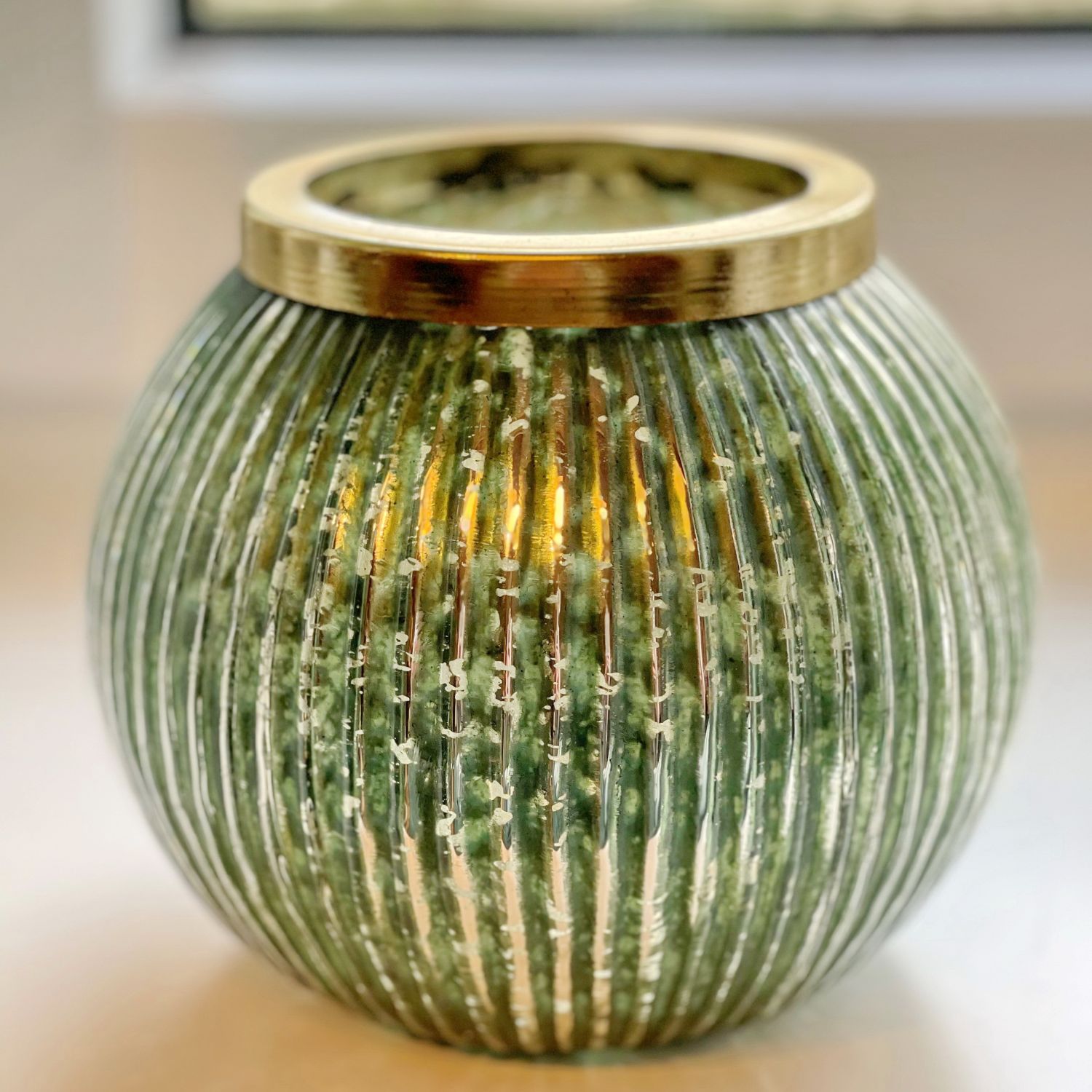 Glas Windlicht mit Goldrand grün 19 cm Ø / 155 cm hoch Keramik / Glas