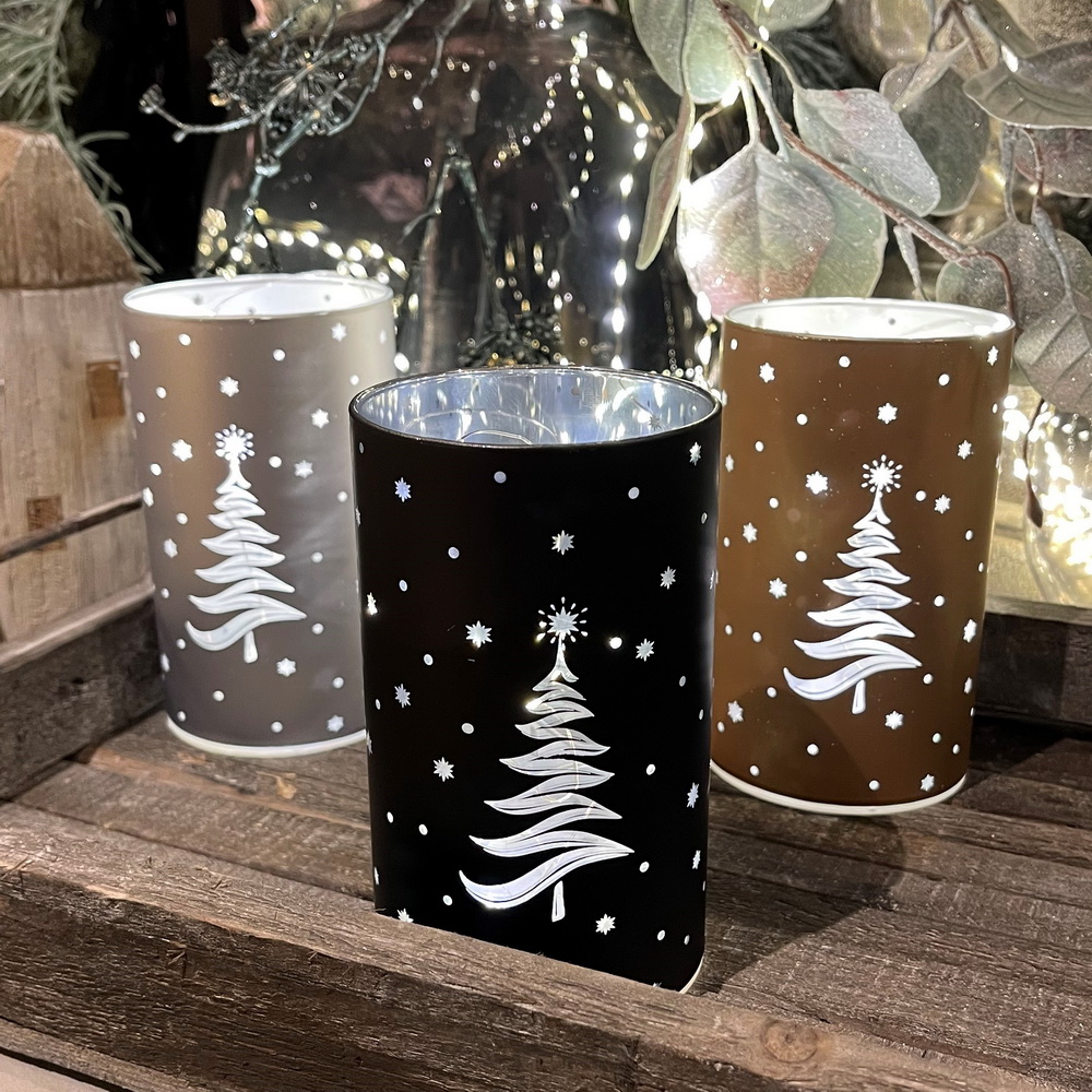 LED Glas mit Tannenmotiv gold ca. 13 cm / mit Timerfunktion Weihnachten