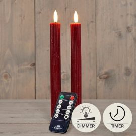2er Set LED Stabkerze bordeaux geriffelt rustikal (inkl. Timer + FB)