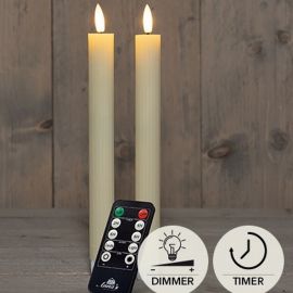 2er Set LED Stabkerze elfenbein geriffelt rustikal + FB