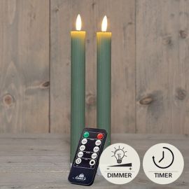 2er Set LED Stabkerze jade grün geriffelt rustikal (inkl. Timer + FB)