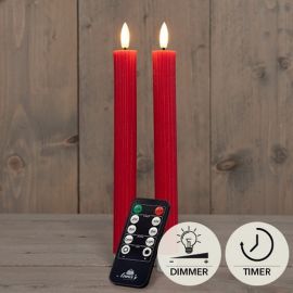 2er Set LED Stabkerze rot geriffelt rustikal (inkl. Timer + FB)