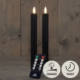 2er Set LED Stabkerze schwarz geriffelt rustikal (inkl. Timer + FB)