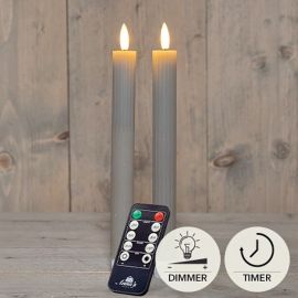 2er Set LED Stabkerze taupe geriffelt rustikal (inkl. Timer + FB)