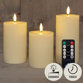 3er Set LED Stumpenkerze elfenbein geriffelt rustikal + FB