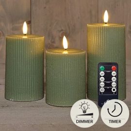 3er Set LED Stumpenkerze jade grün geriffelt rustikal + FB
