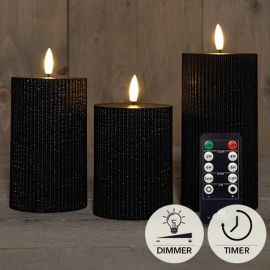 3er Set LED Stumpenkerze schwarz geriffelt rustikal + FB