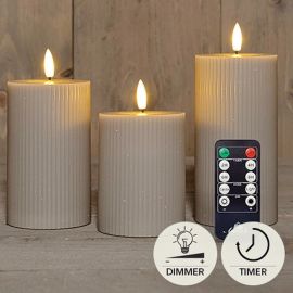 3er Set LED Stumpenkerze taupe geriffelt rustikal + FB