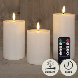 3er Set LED Stumpenkerze weiß geriffelt rustikal + FB