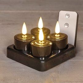 4er Set Teelichte schwarz 3D Flamme - wiederaufladbar - mit FB+Ladestation