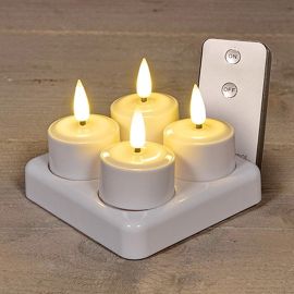 4er Set Teelichte weiß 3D Flamme - wiederaufladbar - mit FB+Ladestation