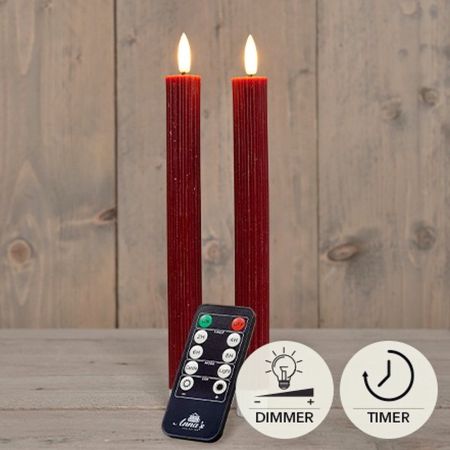 2er Set LED Stabkerze bordeaux geriffelt rustikal (inkl. Timer + FB)