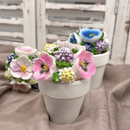 3er Set Echtwachskerzen Blumentöpfe