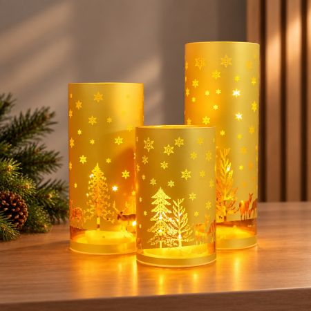 3er Set LED Glaswindlichter gold