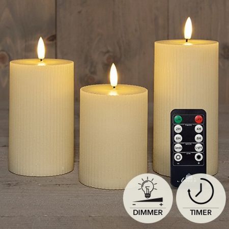 3er Set LED Stumpenkerze elfenbein geriffelt rustikal + FB