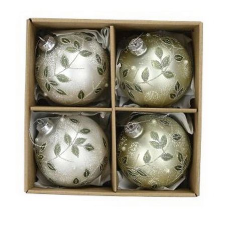 4 Weihnachtskugeln in Box creme/grün