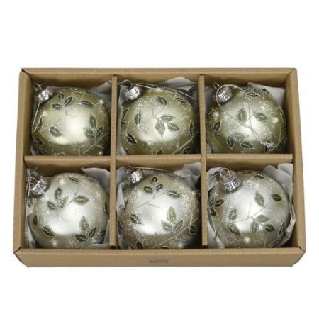 6 Weihnachtskugeln in Box creme/grün