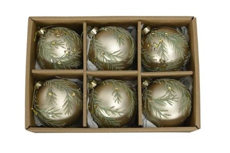 6 Weihnachtskugeln in Box grün/gold