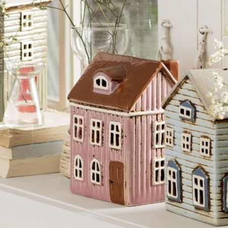 Keramikhaus für Teelichte rosa 