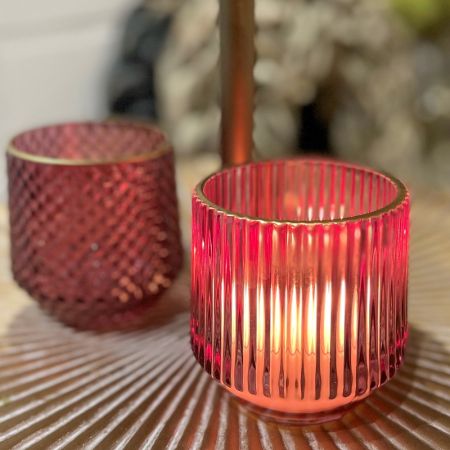 Windlicht geriffelt altrosa mit Goldrand