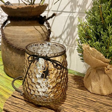Windlicht gold mit Stern & schwarzer Quaste