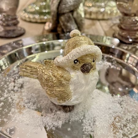 Wintervogel mit Pudelmütze weiß/gold